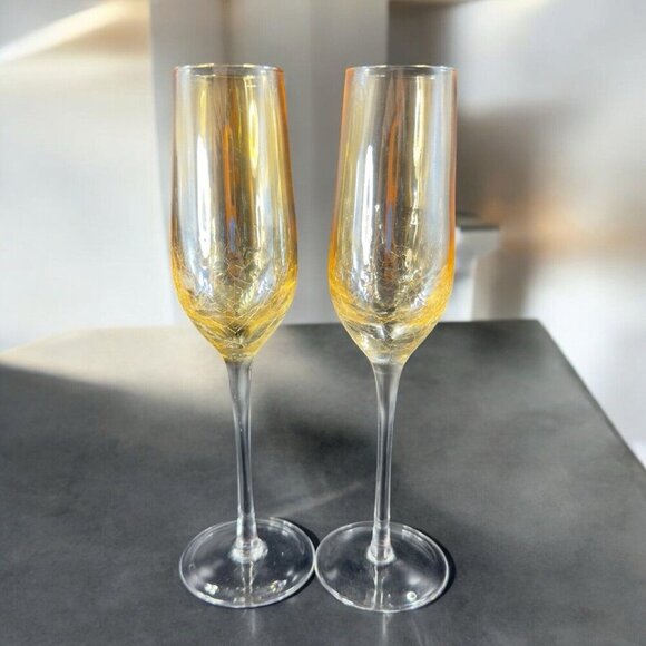 Pier 1 Smokey Yellow Crackle Glass Flute Drinking Glasses Set 2 Clear Bottom - Picture 1 of 13